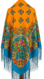 A photo showcasing a premium merino wool palantine, beautifully styled over shoulders in a vibrant blue and orange Slavic design.
