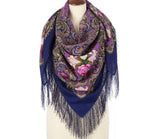 Lily and peony patterned wrapping scarf with floral designs and fringes in purple and navy edges.
