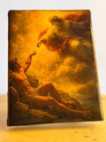 Handcrafted 15x18 cm wooden art plaque depicting the Creation of Adam in golden heavenly light.