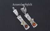 A set of sterling silver 925 jewelry including earrings and a ring with gold plated details and amber blue gemstones, displayed on a dark background with 'Armenian Spirit' text.