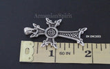 Extra large oxidized silver men cross with eight points and Armenian arevakhach ornament near the ruler in inches.