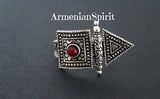 Armenian silver ring in square and triangle shape with traditional ornaments in silver and black with small red stone, made from silver 925.