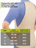 A woman from behind wearing a beige full-back warming corset made of 95% camel wool over a blue ribbed dress. The photo shoes a size chart for lumbar corset back warmer.  Therapeutic camel wool back warmer for seniors and drivers.