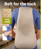A person shown from the back wearing a beige camel wool back support belt over a blue ribbed top. The image includes text reading 'Belt for the back,' a wool texture inset labeled '95% wool.