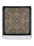 Black merino wool women square scarf with paisley pattern and fringes on a black background