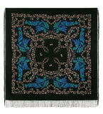 Black woolen square scarf with blue lavender design and fringes on a white background