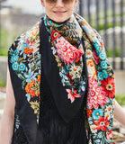 Premium quality black Scarf 58'' square 100 % merino wool field flowers 385
