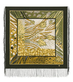 Square shawl blanket with boho leaf pattern and fringes on a black border