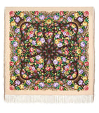 Decorative throw brown shawl with vintage floral patterns and tassels on a beige background