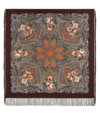 Cashmere blanket size shawl made of merino wool with vintage floral and paisley patterns on a brown background
