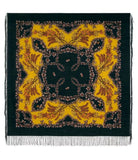 Square woolen scarf with a black fall leaves design on a yellow and black background