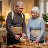 An older man and woman in a home setting wearing waist fur trainers while preparing tea at a wooden table. 
