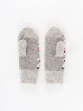 A pair of light gray knit mittens with a small multicolor pattern on the sides, displayed flat against a white background.