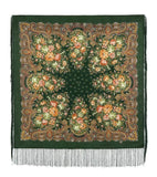 Green floral patterned green vintage scarf with fringes on a white background