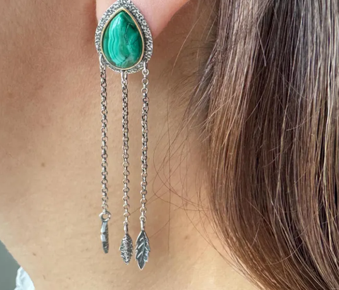 Add a touch of nature-inspired elegance to your jewelry collection with our green malachite earrings. Crafted in silver and gold, these earrings feature delicate leaf details and chains for a unique and sophisticated look. Perfect for any occasion, elevate your style with our best jewelry store. Buy Armenian jewelry online on ebay, etsy stores.