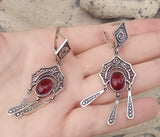 Armenian jewelry lab garnet gemstone Dangle Earrings long SILVER 925