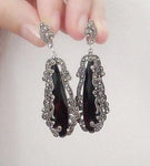 Very long earrings black big onyx Marcasite SILVER 925