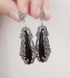 Very long earrings black big onyx Marcasite SILVER 925