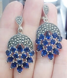 Blue jewelry set Sterling silver 925 ring and earrings marcasite