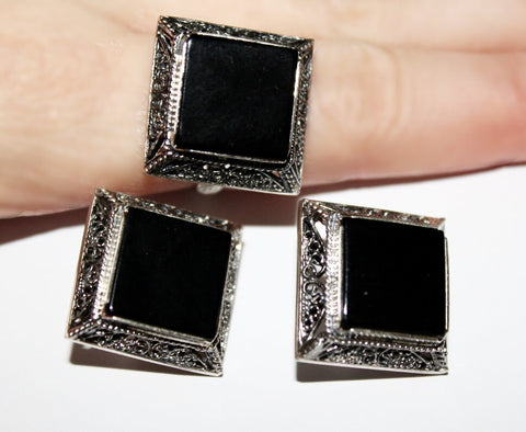 Black onyx ring and earrings SILVER 925 square jewelry