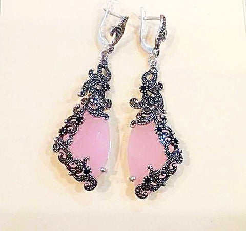 Earrings Pink rose quartz Marcasite STERLING SILVER 925