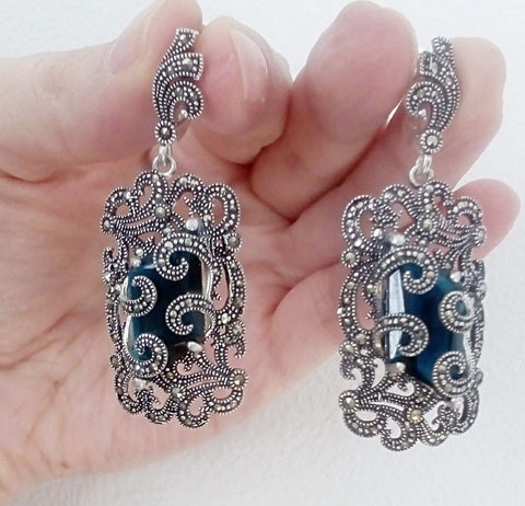 Dangle earrings Navy stone drop earring Very long Blue stone jewelry STERLING SILVER 925