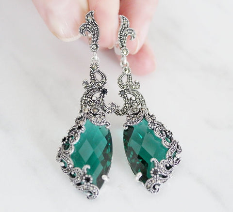 Earrings Marcasite Emerald green SILVER 925