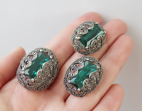 Marcasite emerald green lab topaz earring and ring STERLING SILVER 925