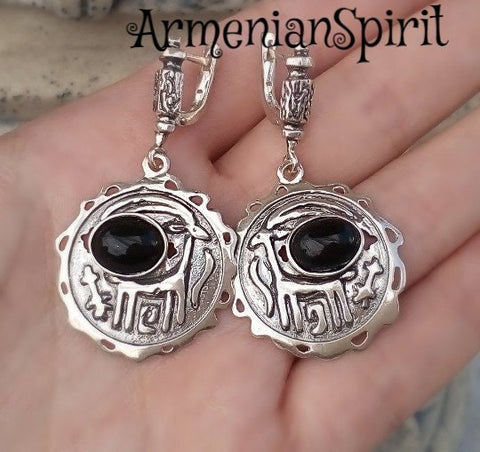 Silver earrings black ethnic Jewelry with goat Gifts for woman