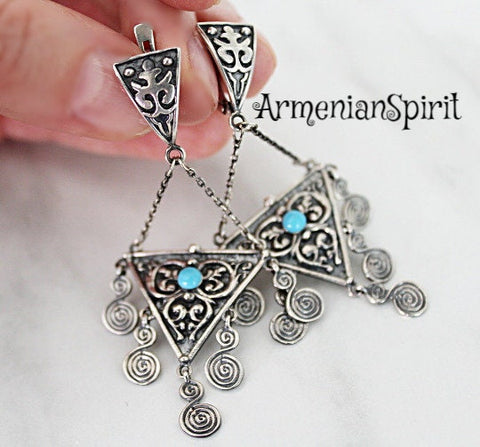 Very long earrings light blue earring Silver Bohemian jewelry
