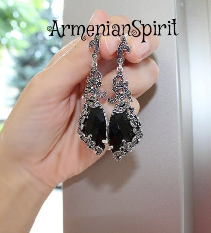 Black Dangle earrings Marcasite SILVER very long earrings Cocktail jewelery Party armenian handmade