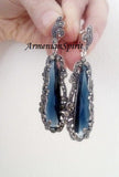 Very long earrings Blue stone Marcasite STERLING SILVER 925