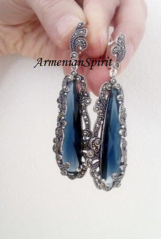 Very long earrings Blue stone Marcasite STERLING SILVER 925