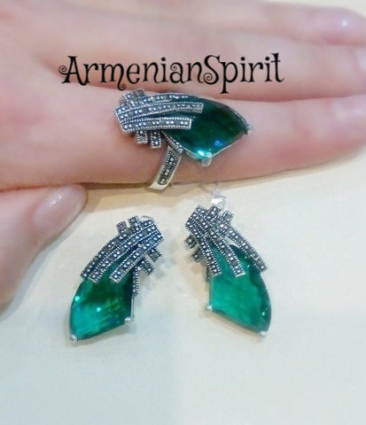 Emerald green stone earrings and ring Marcasite STERLING SILVER 925