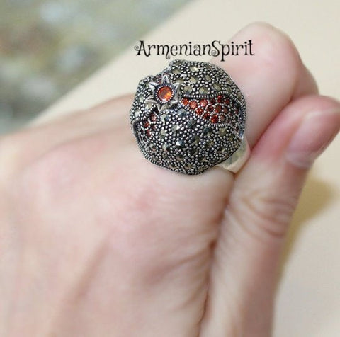 Garnet Ring Marcasite Pomegranate Dome STERLING SILVER 925