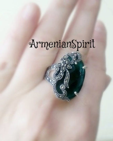 RING Green topaz Marcasite tudor rings Green STERLING SILVER 925
