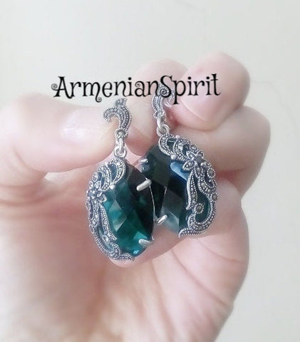 Royal jewels EARRINGS jewelry Green topaz Marcasite Earrings STERLING SILVER 925