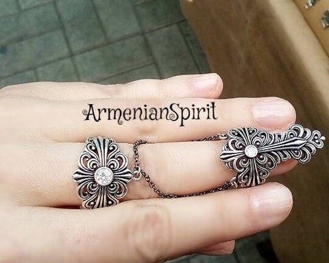 Double ring Sterling silver 925 Armenian jewelry armor full finger Adjustable ring