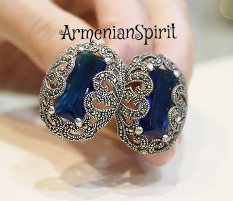 Marcasite jewelry Electric blue earrings STERLING SILVER 925