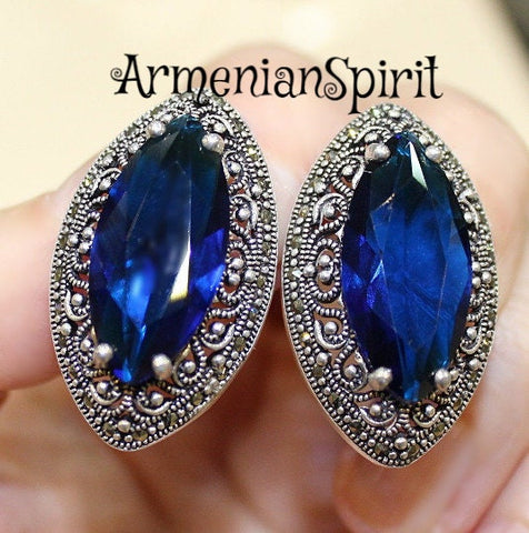 Royal blue stone earrings SILVER 925 marcasite jewelry