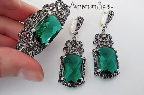 Earrings and ring green Marcasite SET SILVER 925