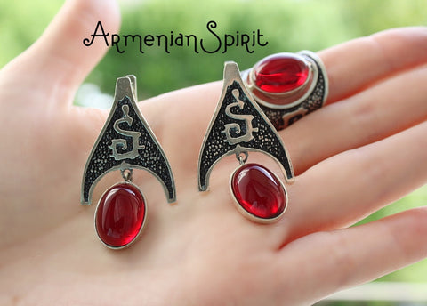 Garnet jewelry Set SILVER Red Tribal earring and ring Bohemian