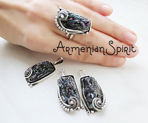 Gemstone druzy Earrings Ring adjustable Pendant STERLING SILVER 925