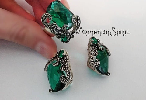 Marcasite Earrings and ring SILVER 925 emerald green lab topaz