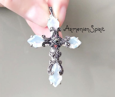Cross SILVER white stones multicolor jewels Marcasite jewelry