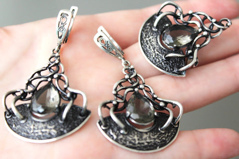 Jewelry Set SILVER 925 Earrings and ring Quartz brown