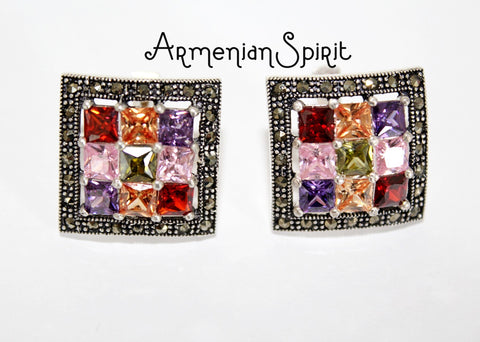 Sterling earrings colorful Marcassite jewelry Purple Pink earrings orange square