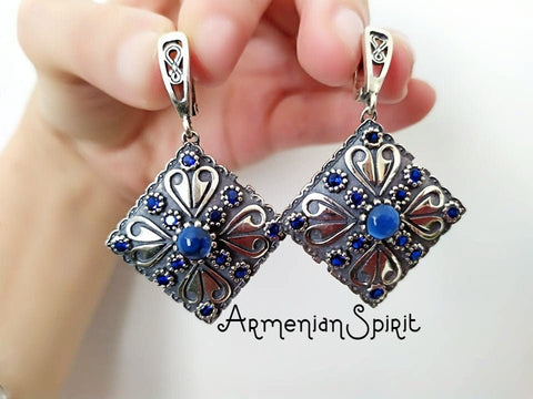 Blue sapphire Dangle earrings STERLING SILVER 925