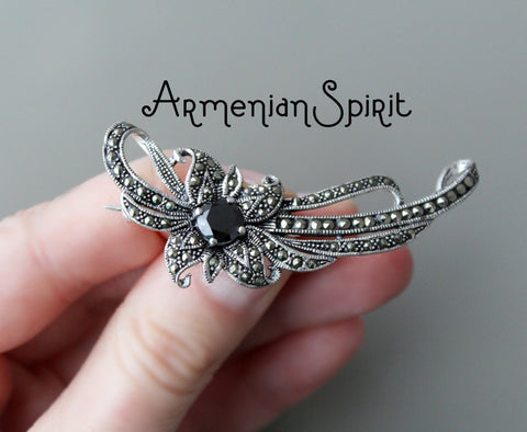 Brooch Silver 925 Marcasite Flower Black pin