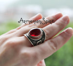 Garnet jewelry Set SILVER Red Tribal earring and ring Bohemian